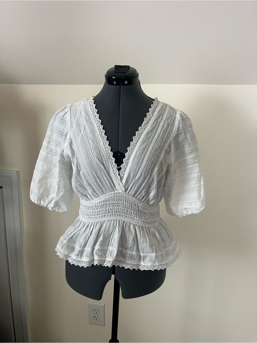 Umgee White Lace-Trim Smocked Peplum Top